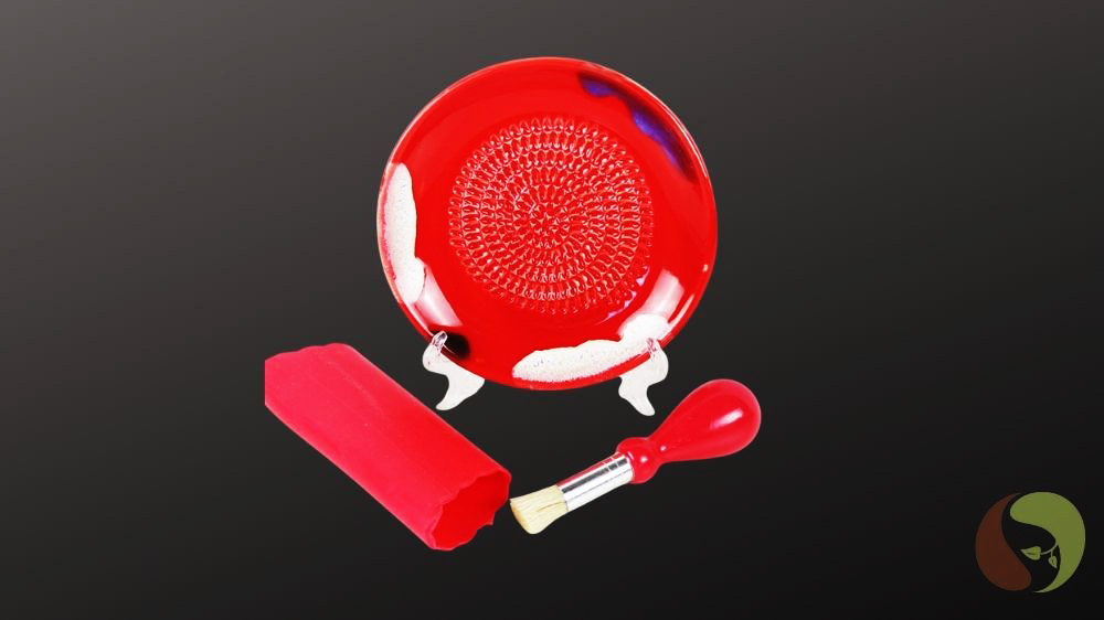 Keramikreiben, Knoblauchreiben rot mit Pinsel, Aufsteller und Knoblauchschäler