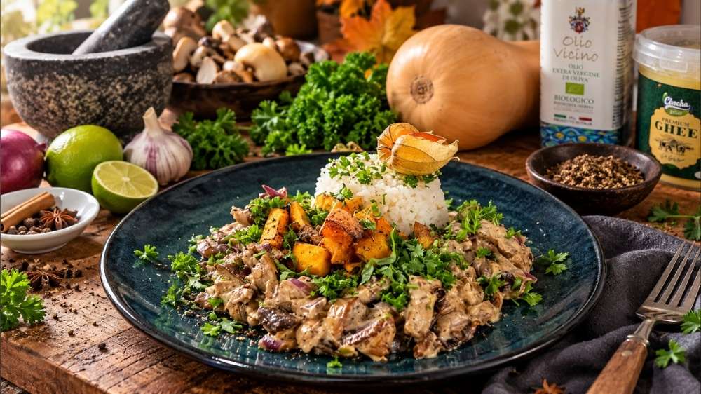 Cremiges Steinpilzragout mit geröstetem Butternut-Kürbis und Jasminreis auf einem rustikalen Teller, umgeben von herbstlichen Zutaten.